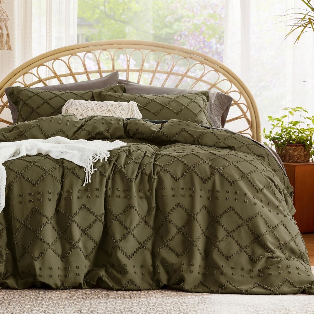 image:imageBedsure Light Pink Boho Duvet Cover Queen Soft Vintage Embroidery23 Dark Green