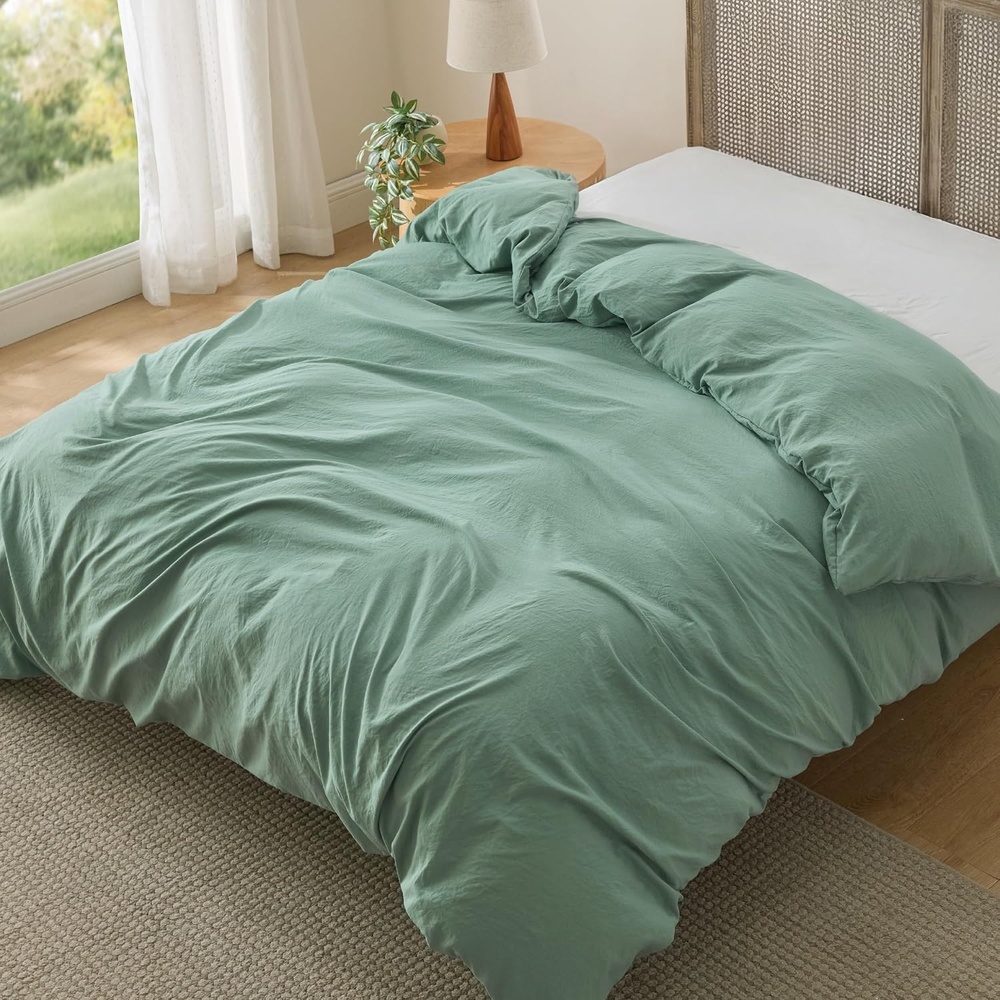 image:imageBedsure Prewashed Duvet Cover Only CottonLike Feel White Queen04 Sage Green Only Duvet Cover