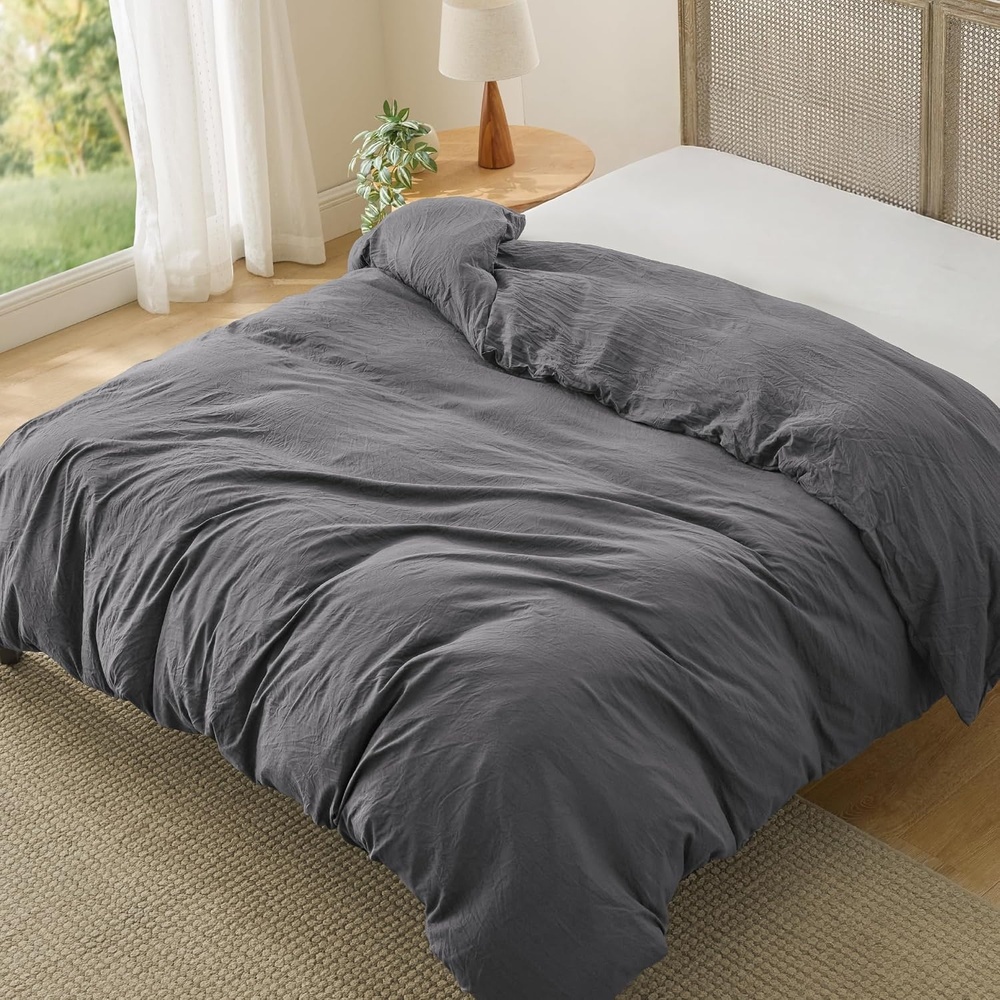 image:imageBedsure Prewashed Duvet Cover Only CottonLike Feel White Queen06 Dark Grey Only Duvet Cover