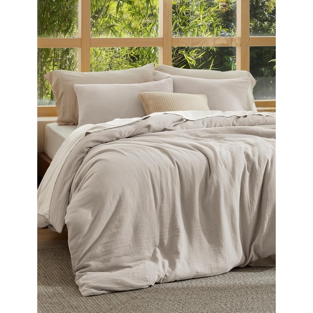 image:imageBedsure PureWoven 100 Cotton Muslin Duvet Cover Queen Gauze Bedding Set06 Cooling Muslin Oat Milk No Comforter