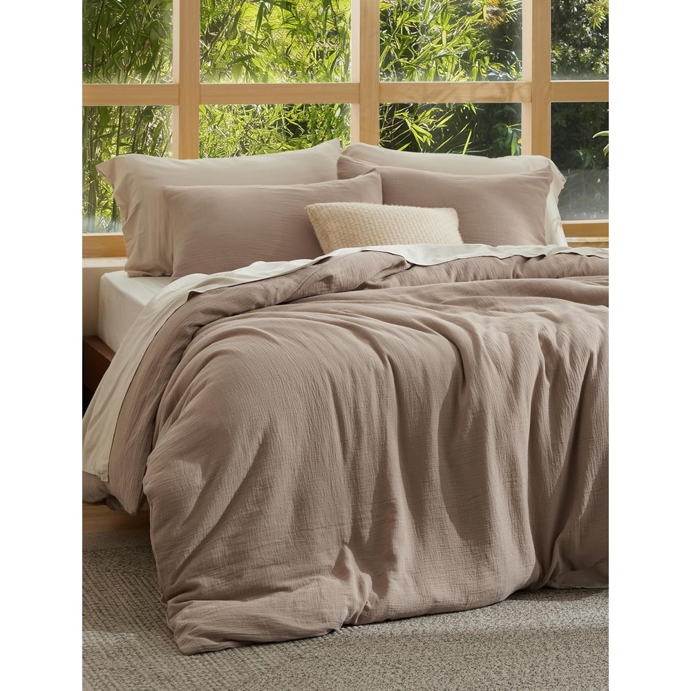 image:imageBedsure PureWoven 100 Cotton Muslin Duvet Cover Queen Gauze Bedding Set09 Cooling Muslin Khaki No Comforter