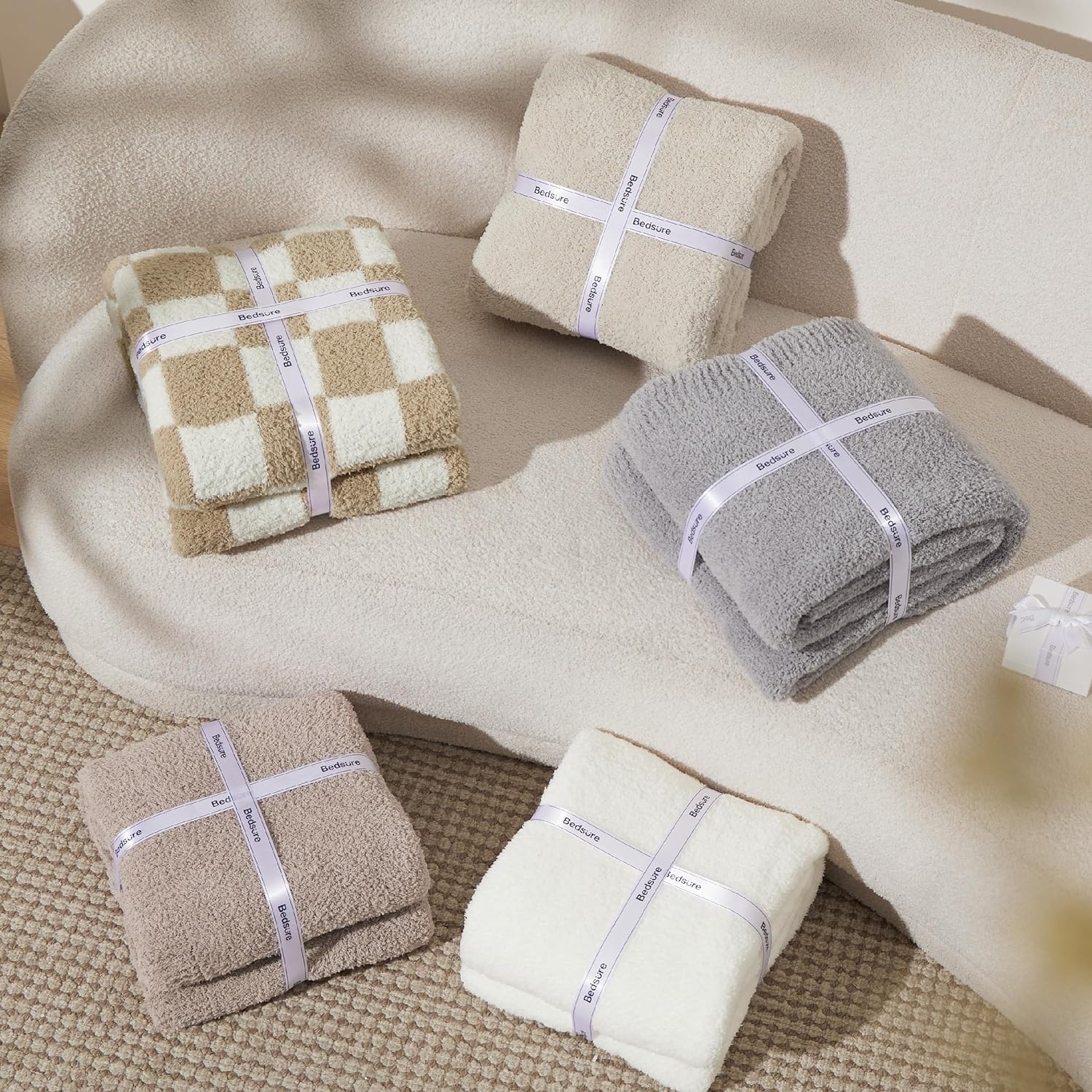 image:imageBedsure Beige Fall Throw Blanket for Couch Cozy Soft Checkered Blanket Lightweight Warm Knit Fluffy Throw Blankets for Bed Sofa Camping Picnic Travel Gifts for Women Men 50x60 Inches02 Beige