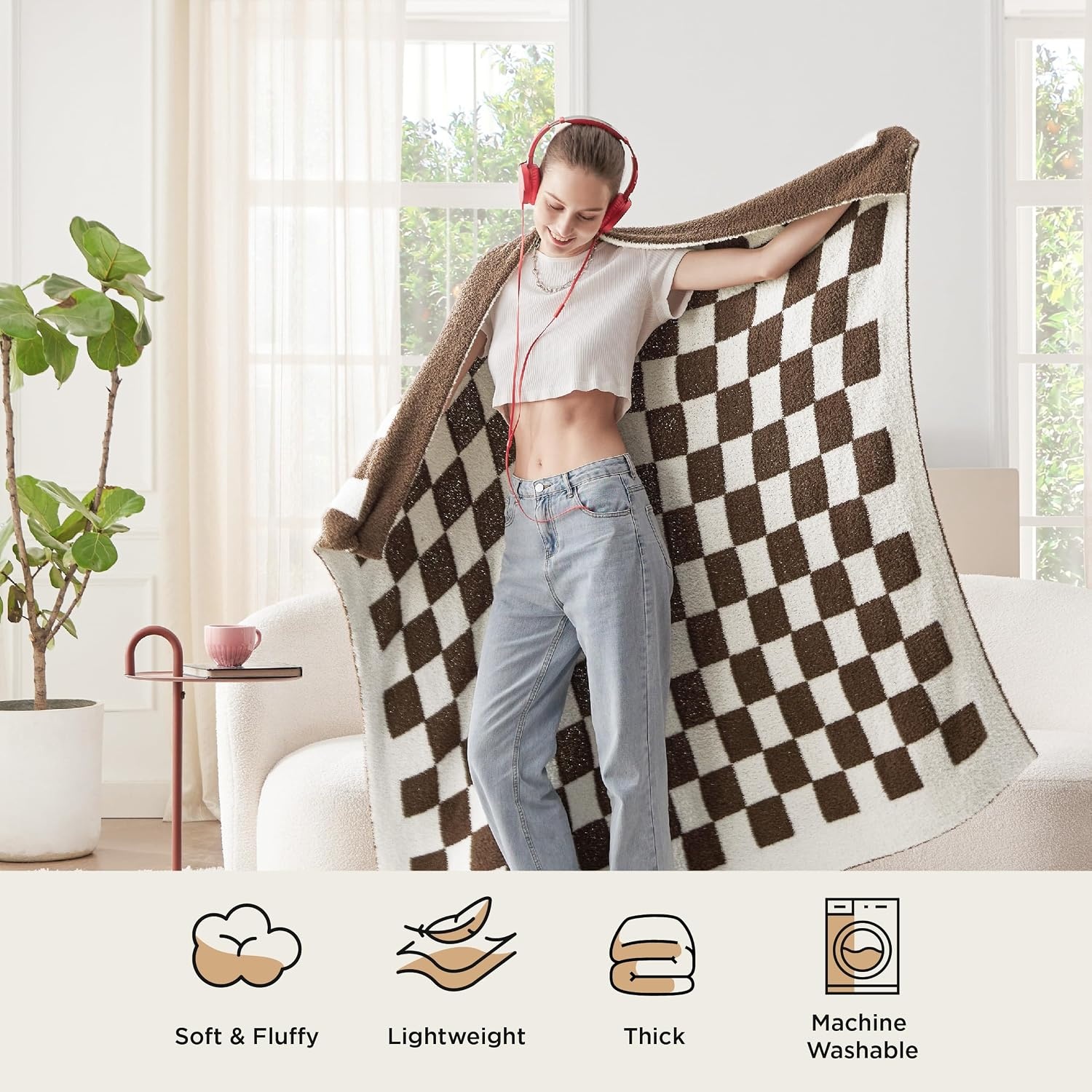 image:imageBedsure Beige Fall Throw Blanket for Couch Cozy Soft Checkered Blanket Lightweight Warm Knit Fluffy Throw Blankets for Bed Sofa Camping Picnic Travel Gifts for Women Men 50x60 Inches14 Checkered Brown