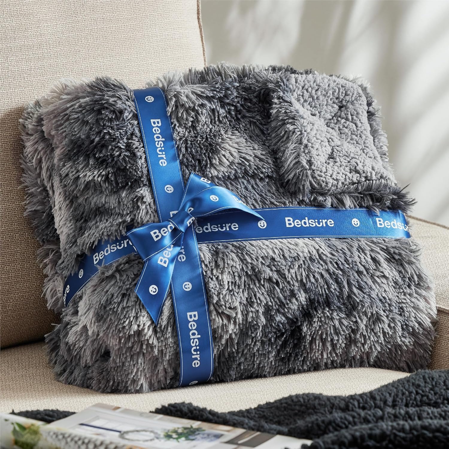 image:imageBedsure Faux Fur Fluffy Fleece Sherpa Blanket Couch Throw Grey 50x6001 Tie Dye Grey