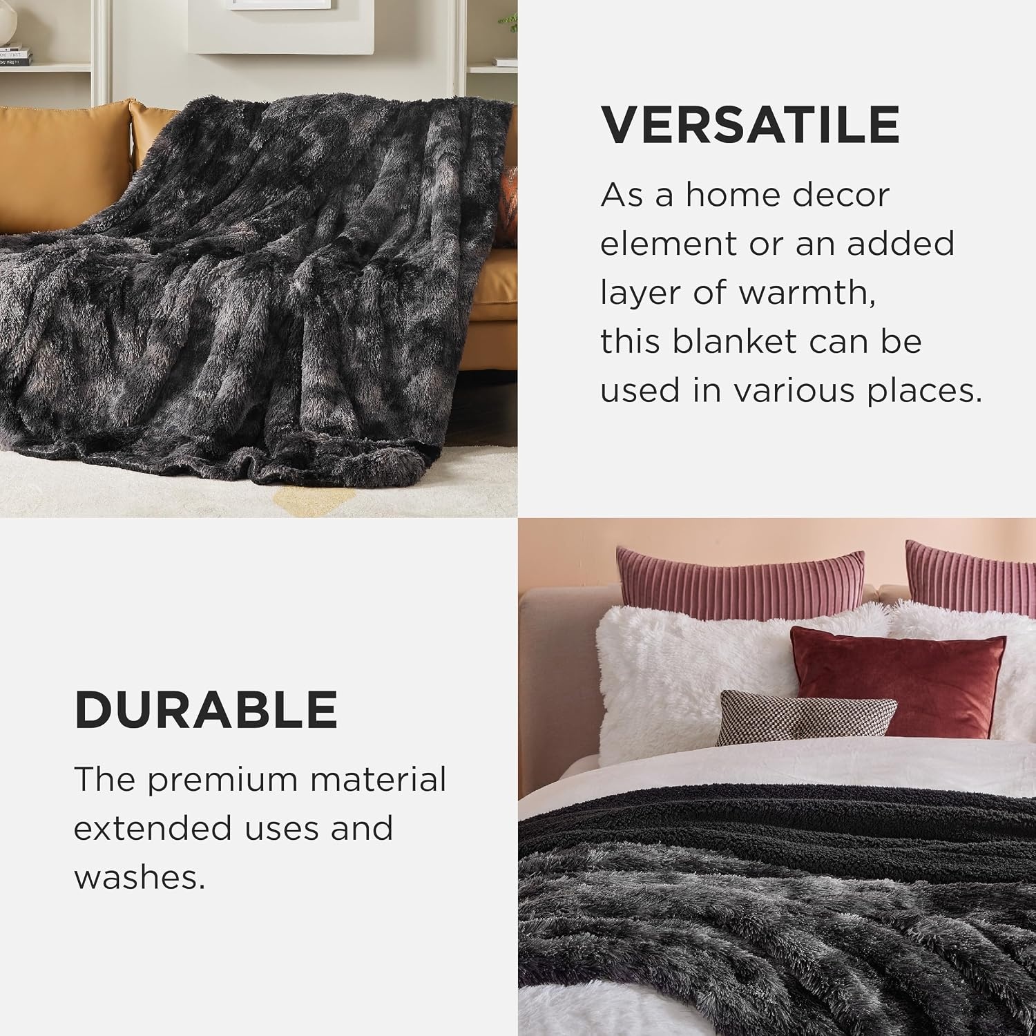 image:imageBedsure Faux Fur Fluffy Fleece Sherpa Blanket Couch Throw Grey 50x6003 Tie Dye Black