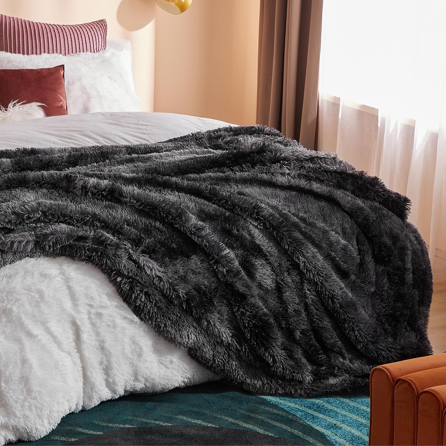 image:imageBedsure Faux Fur Fluffy Fleece Sherpa Blanket Couch Throw Grey 50x6003 Tie Dye Black