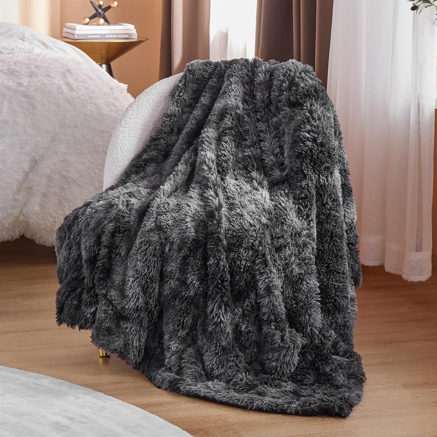 image:imageBedsure Faux Fur Fluffy Fleece Sherpa Blanket Couch Throw Grey 50x6003 Tie Dye Black