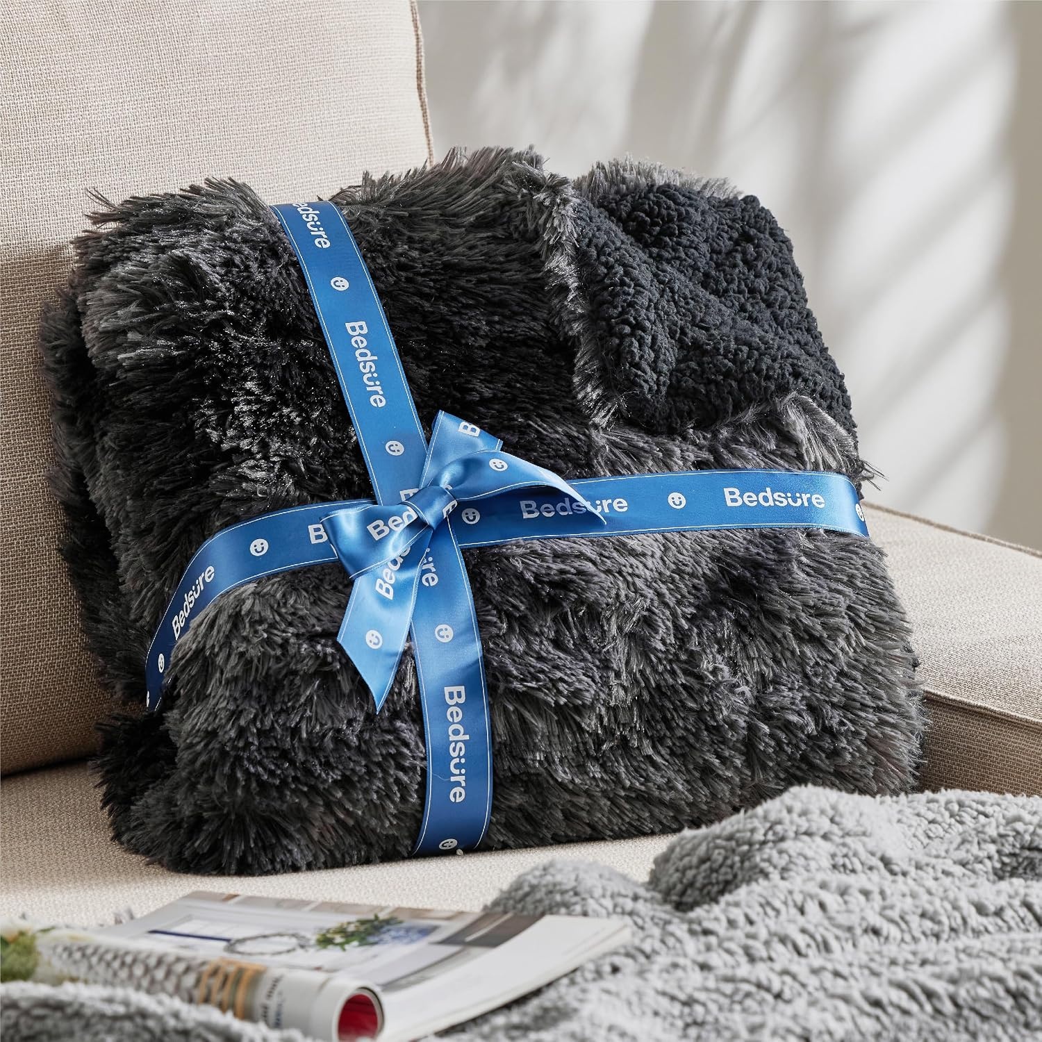 image:imageBedsure Faux Fur Fluffy Fleece Sherpa Blanket Couch Throw Grey 50x6003 Tie Dye Black