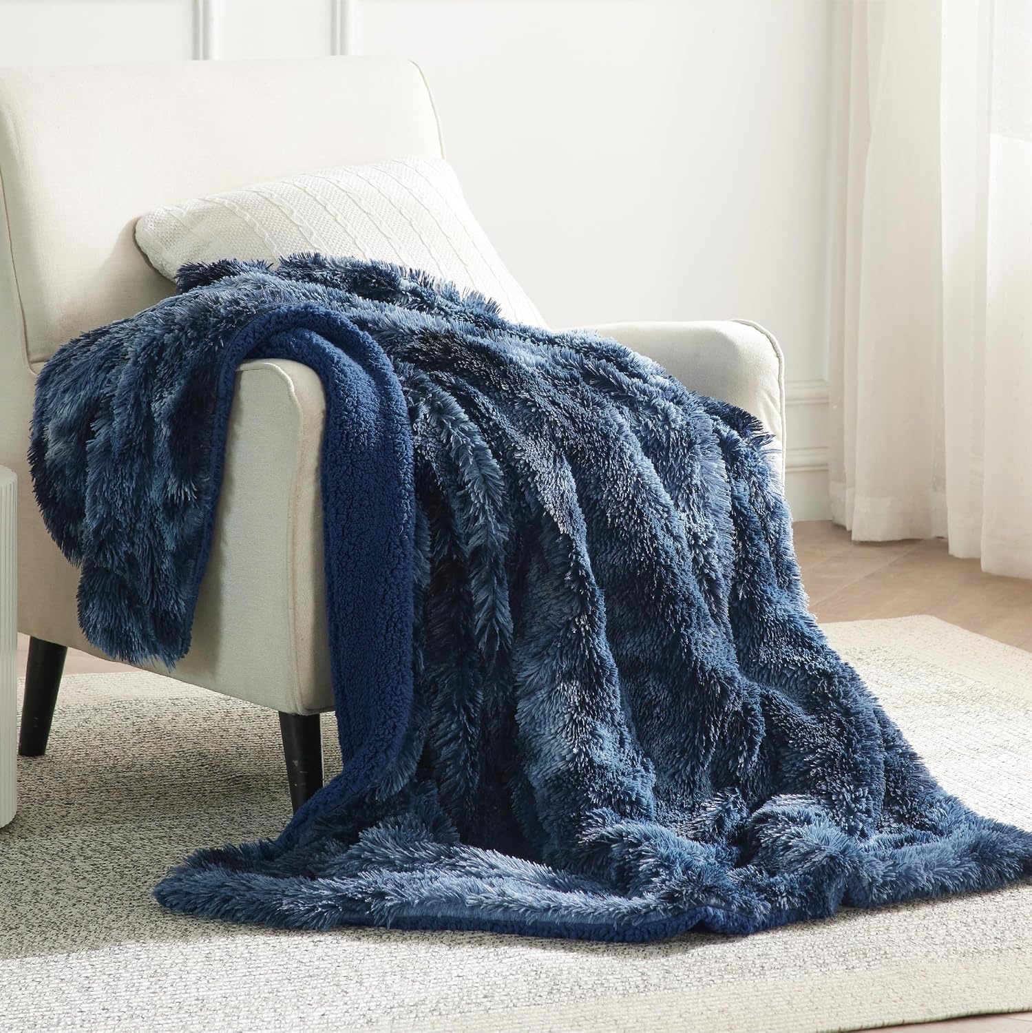 image:imageBedsure Faux Fur Fluffy Fleece Sherpa Blanket Couch Throw Grey 50x6005 Tie Dye Navy