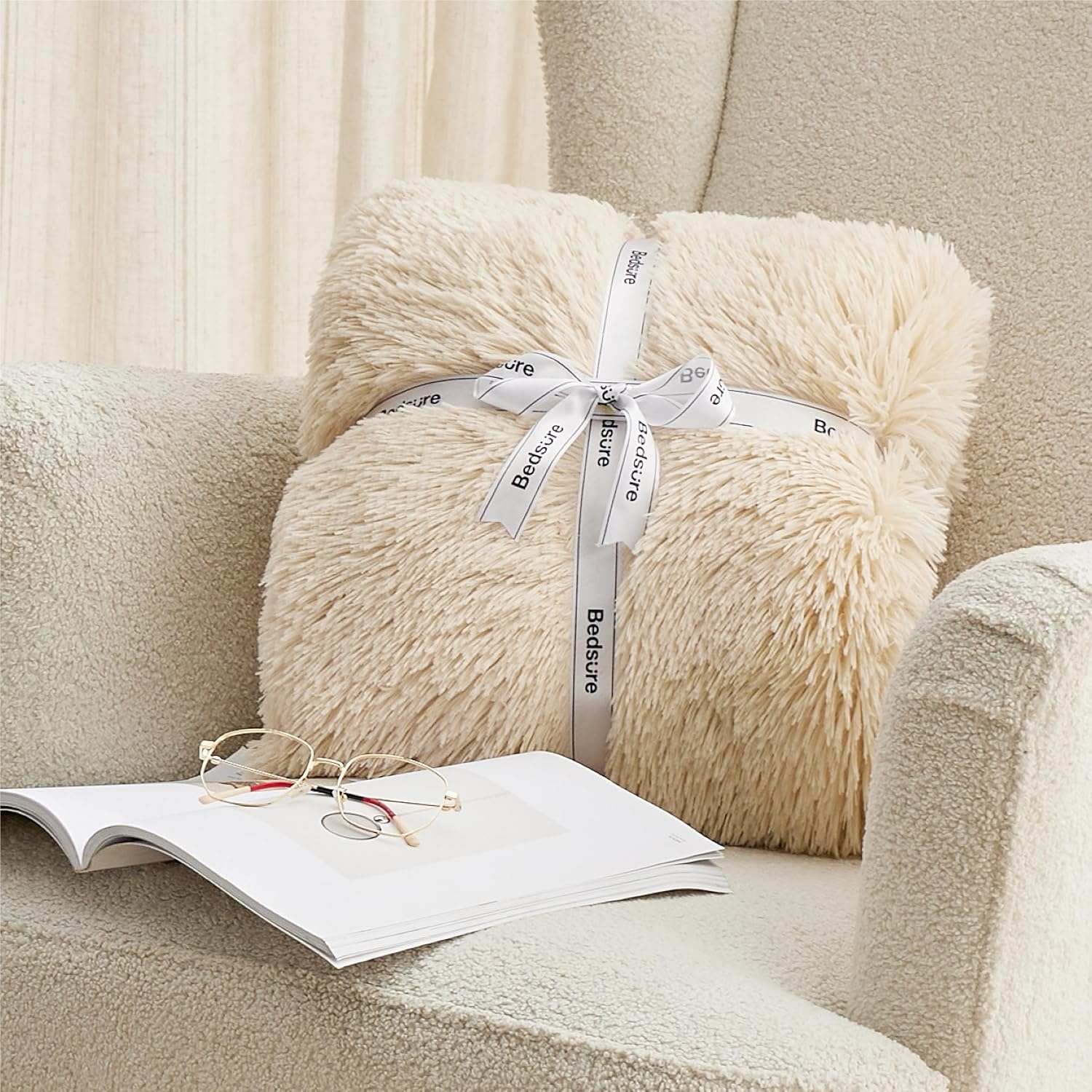 image:imageBedsure Faux Fur Fluffy Fleece Sherpa Blanket Couch Throw Grey 50x6006 Beige
