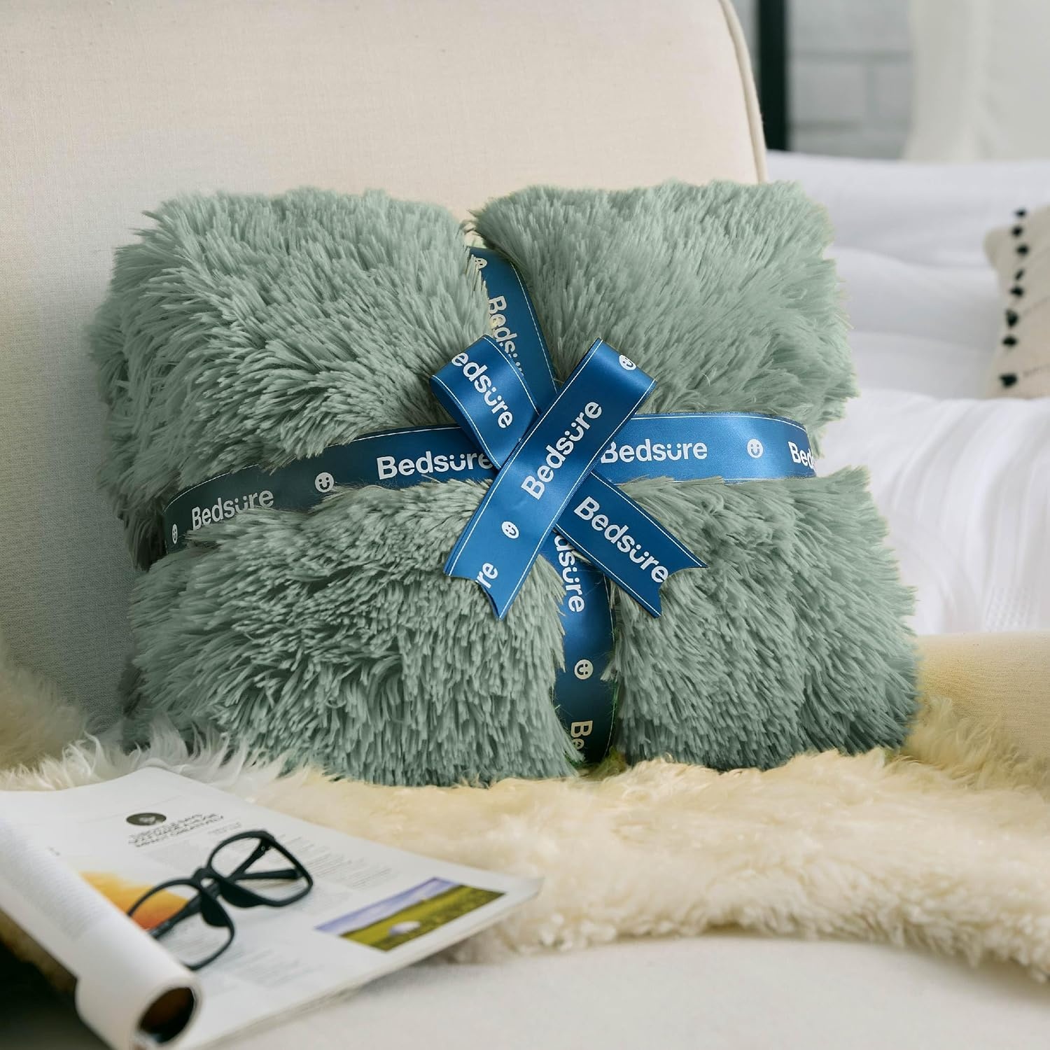 image:imageBedsure Faux Fur Fluffy Fleece Sherpa Blanket Couch Throw Grey 50x6012 Sage Green