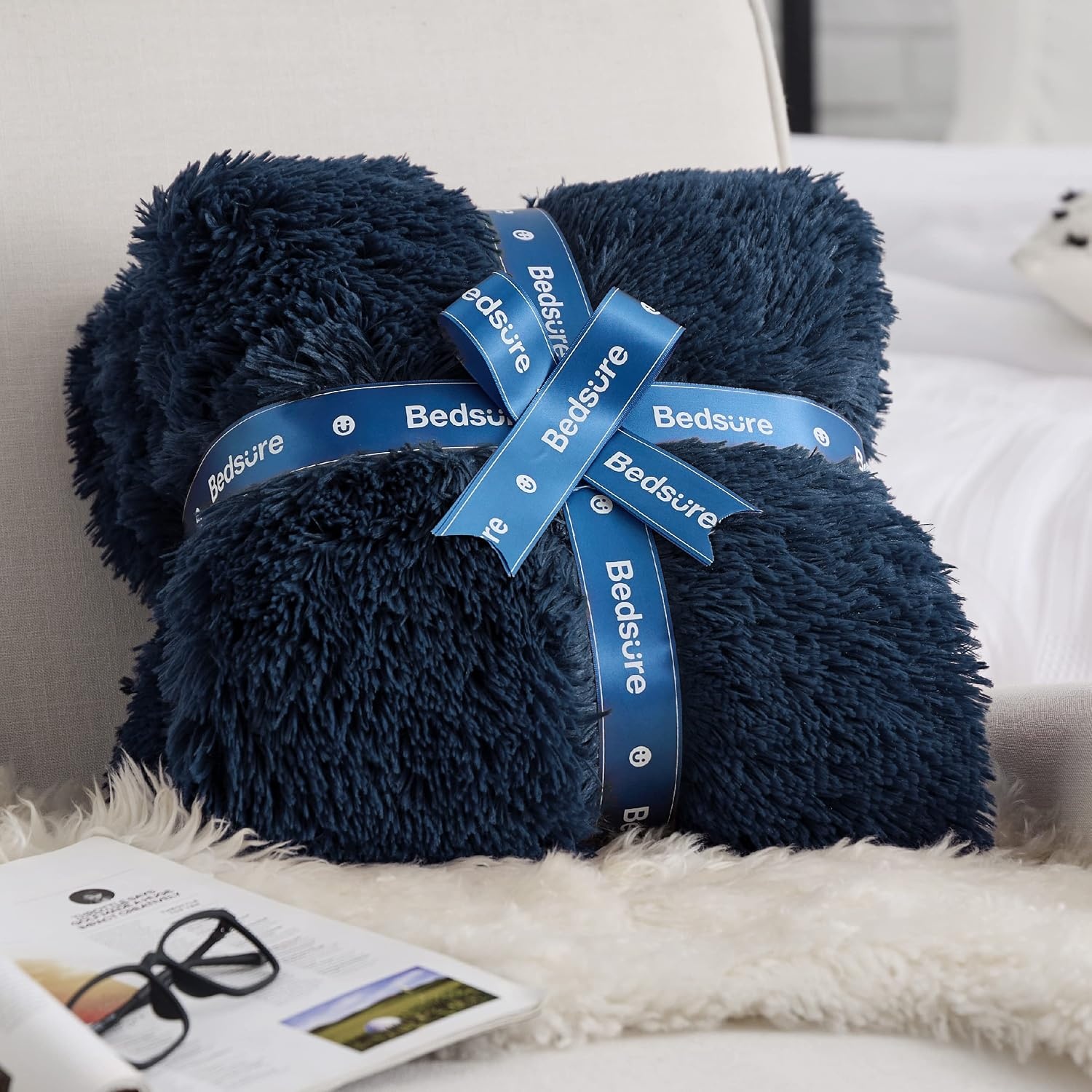 image:imageBedsure Faux Fur Fluffy Fleece Sherpa Blanket Couch Throw Grey 50x6014 Navy Blue