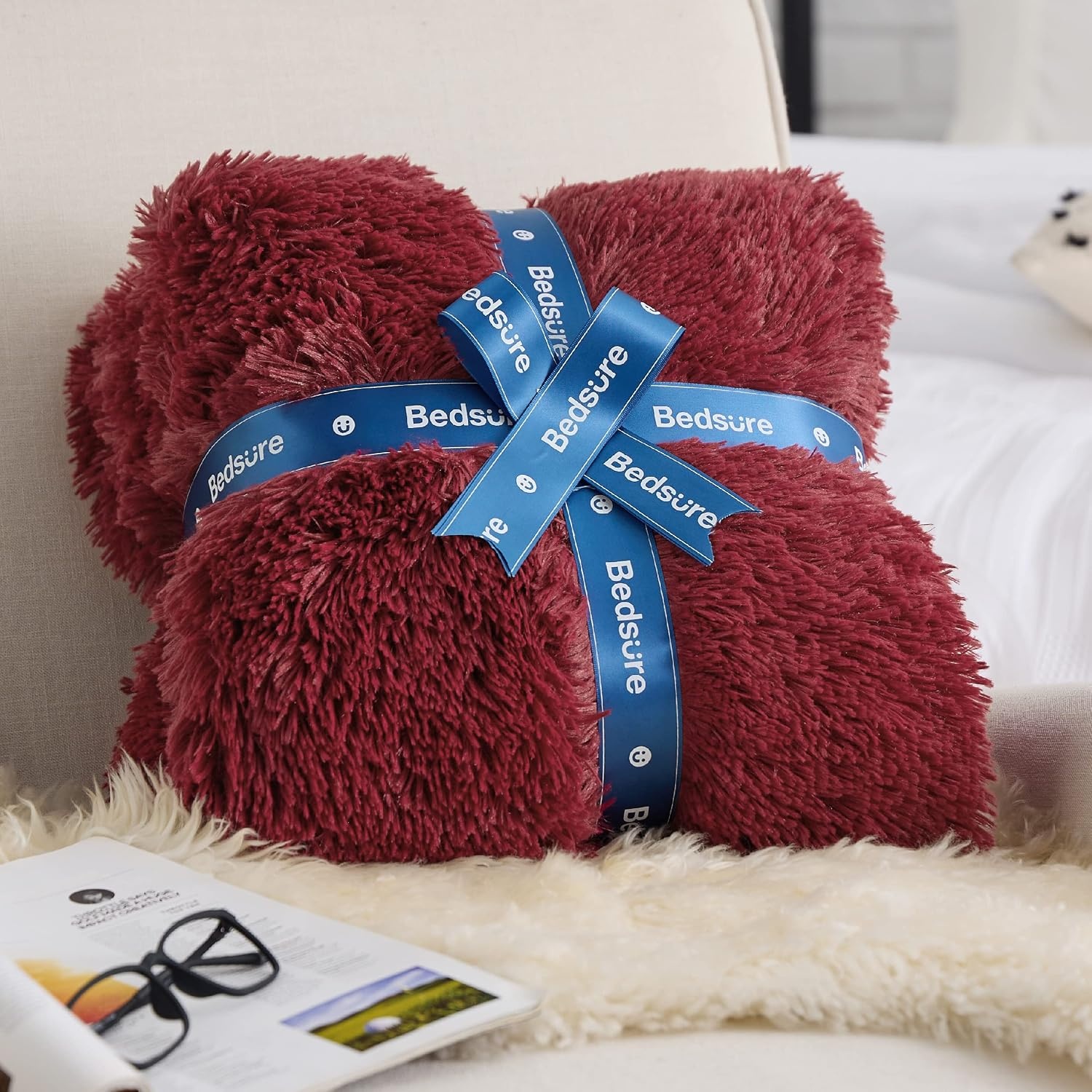 image:imageBedsure Faux Fur Fluffy Fleece Sherpa Blanket Couch Throw Grey 50x6017 Burgundy Red