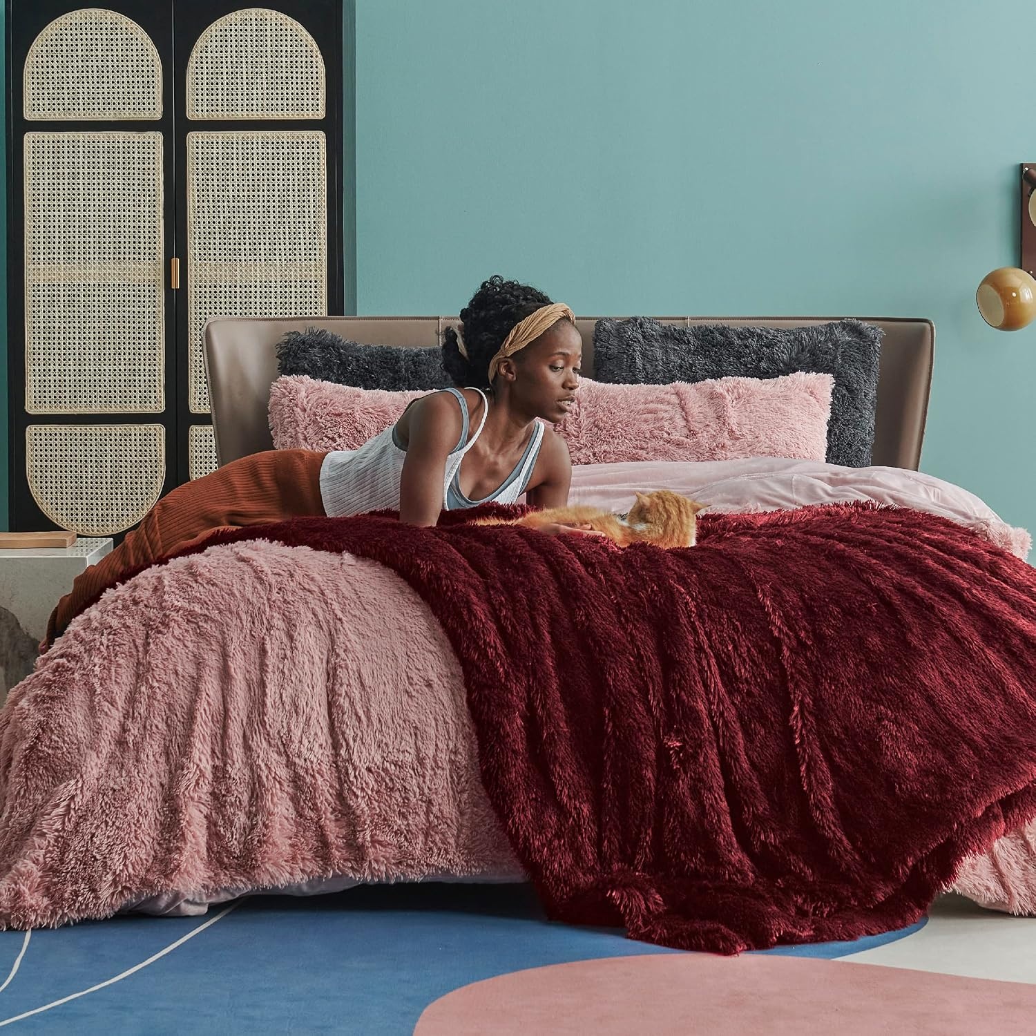 image:imageBedsure Faux Fur Fluffy Fleece Sherpa Blanket Couch Throw Grey 50x6017 Burgundy Red