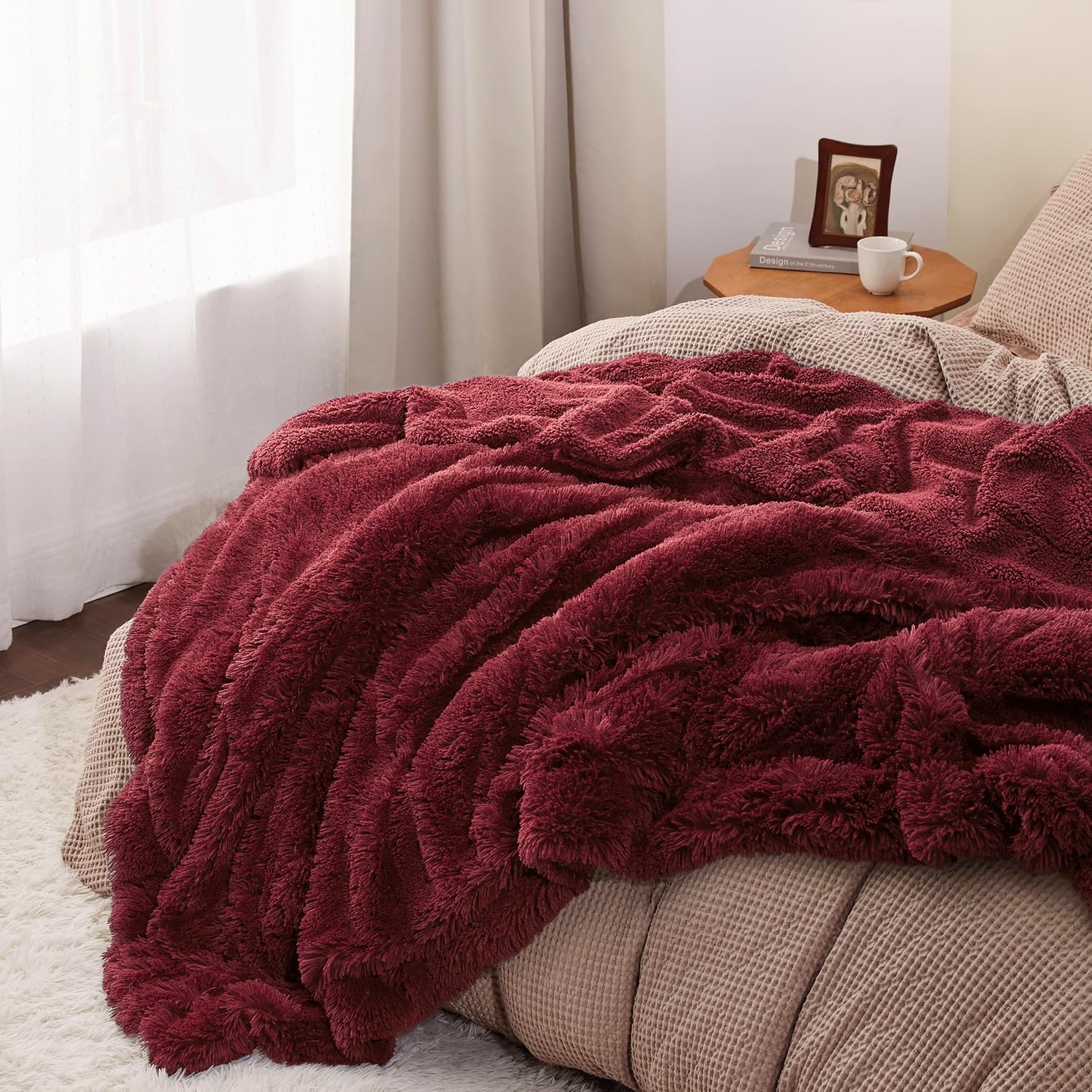 image:imageBedsure Faux Fur Fluffy Fleece Sherpa Blanket Couch Throw Grey 50x6017 Burgundy Red