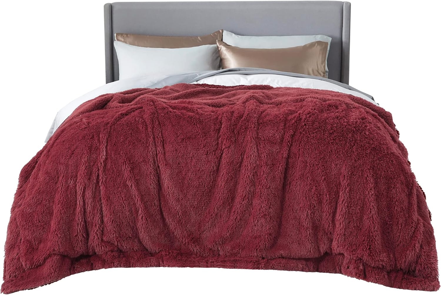 image:imageBedsure Faux Fur Fluffy Fleece Sherpa Blanket Couch Throw Grey 50x6017 Burgundy Red