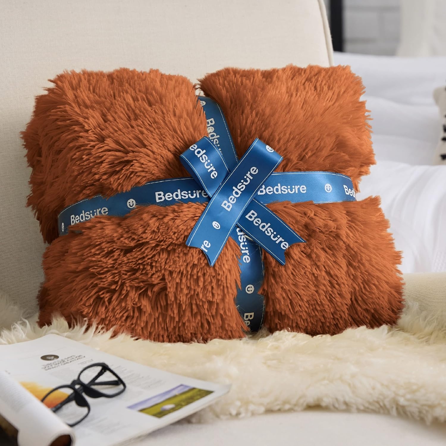 image:imageBedsure Faux Fur Fluffy Fleece Sherpa Blanket Couch Throw Grey 50x6018 Burnt Orange