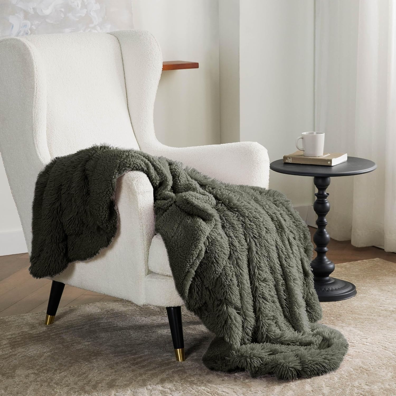 image:imageBedsure Faux Fur Fluffy Fleece Sherpa Blanket Couch Throw Grey 50x6019 Olive Green