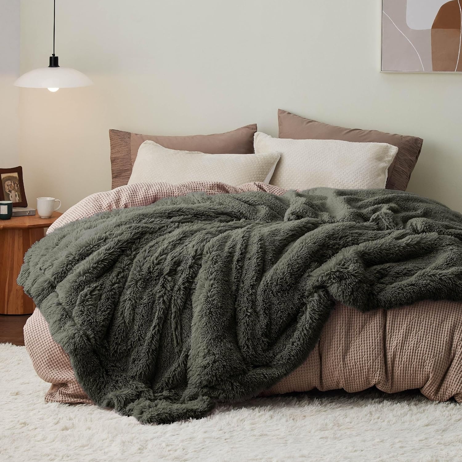 image:imageBedsure Faux Fur Fluffy Fleece Sherpa Blanket Couch Throw Grey 50x6019 Olive Green