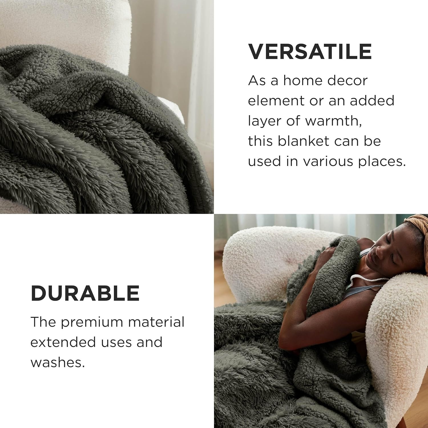 image:imageBedsure Faux Fur Fluffy Fleece Sherpa Blanket Couch Throw Grey 50x6019 Olive Green