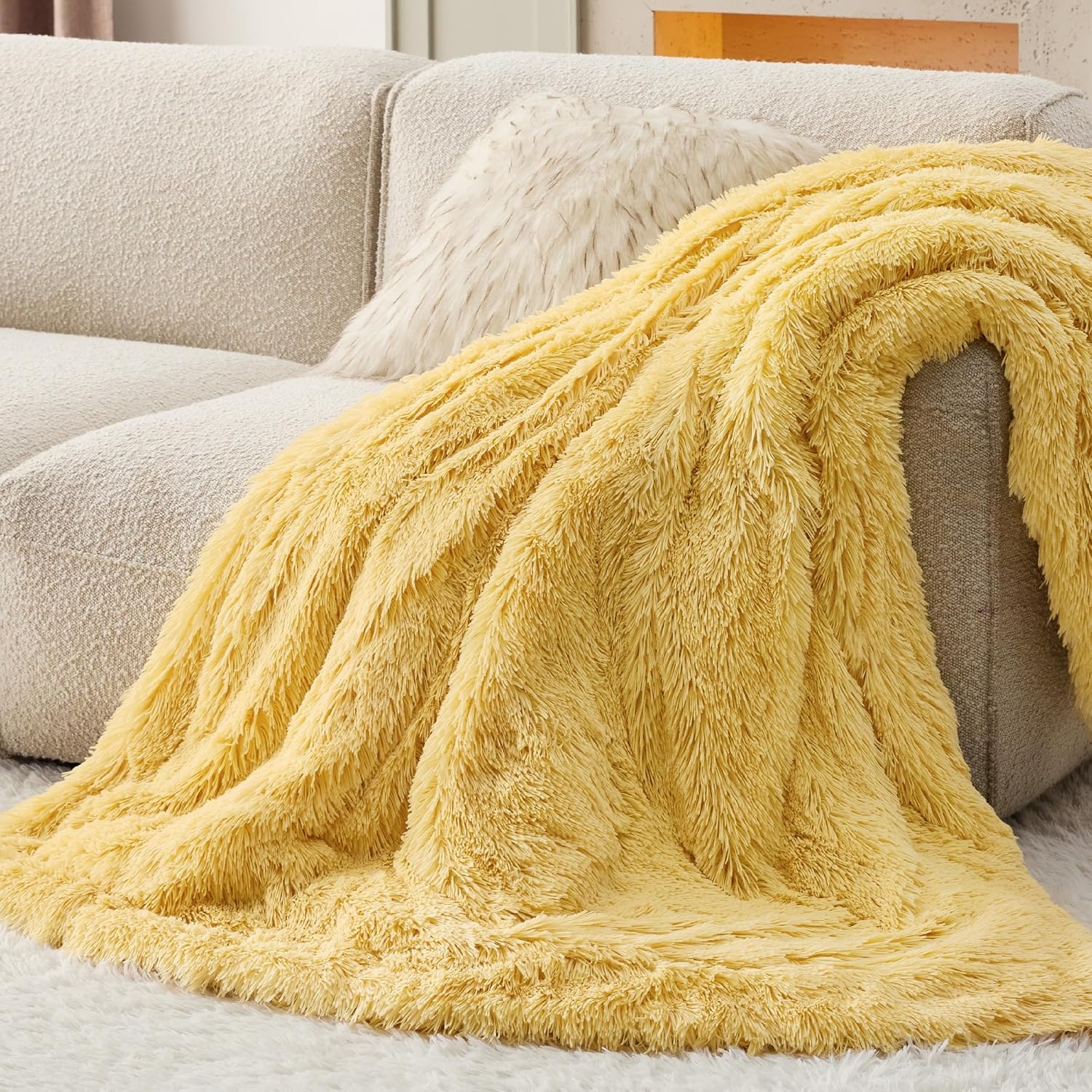 image:imageBedsure Faux Fur Fluffy Fleece Sherpa Blanket Couch Throw Grey 50x6020 Light Yellow