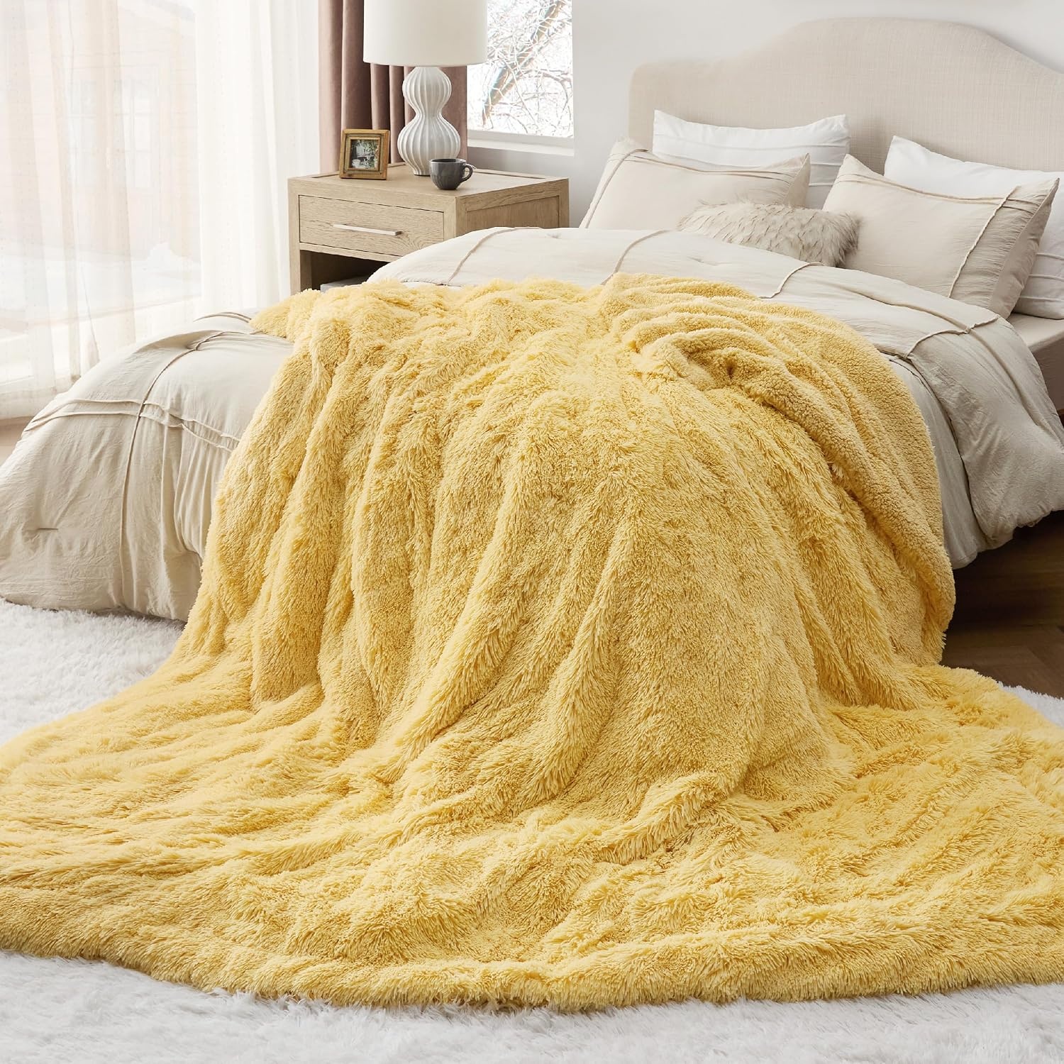 image:imageBedsure Faux Fur Fluffy Fleece Sherpa Blanket Couch Throw Grey 50x6020 Light Yellow