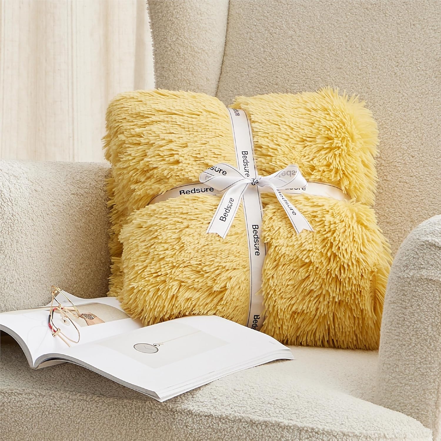 image:imageBedsure Faux Fur Fluffy Fleece Sherpa Blanket Couch Throw Grey 50x6020 Light Yellow
