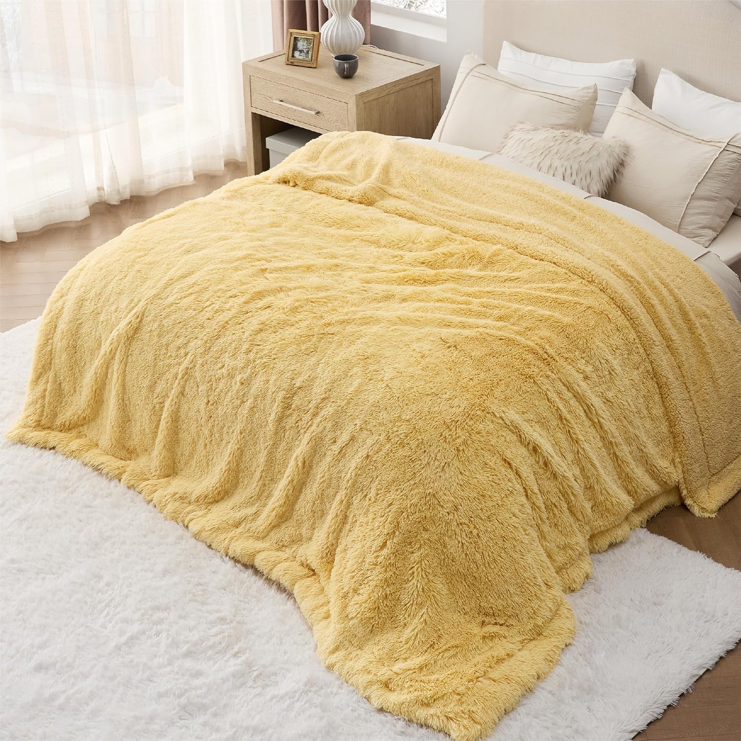 image:imageBedsure Faux Fur Fluffy Fleece Sherpa Blanket Couch Throw Grey 50x6020 Light Yellow
