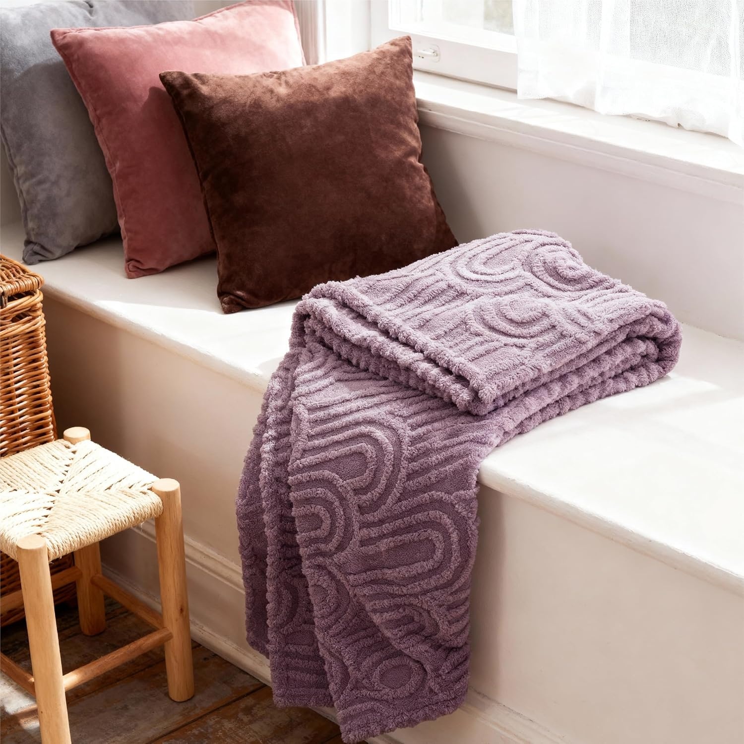 image:imageBedsure GentleSoft Boho Throw Blanket for Couch Cozy Modern Boho Decorative Blankets for Women Girls Fuzzy Fleece Throw for Beds Aesthetic Accent Gifts for Sofa Room Decor Off White 50x60 InchesPurple