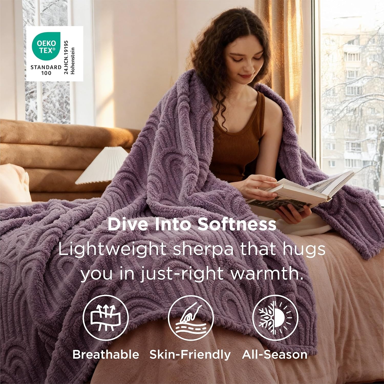 image:imageBedsure GentleSoft Boho Throw Blanket for Couch Cozy Modern Boho Decorative Blankets for Women Girls Fuzzy Fleece Throw for Beds Aesthetic Accent Gifts for Sofa Room Decor Off White 50x60 InchesPurple