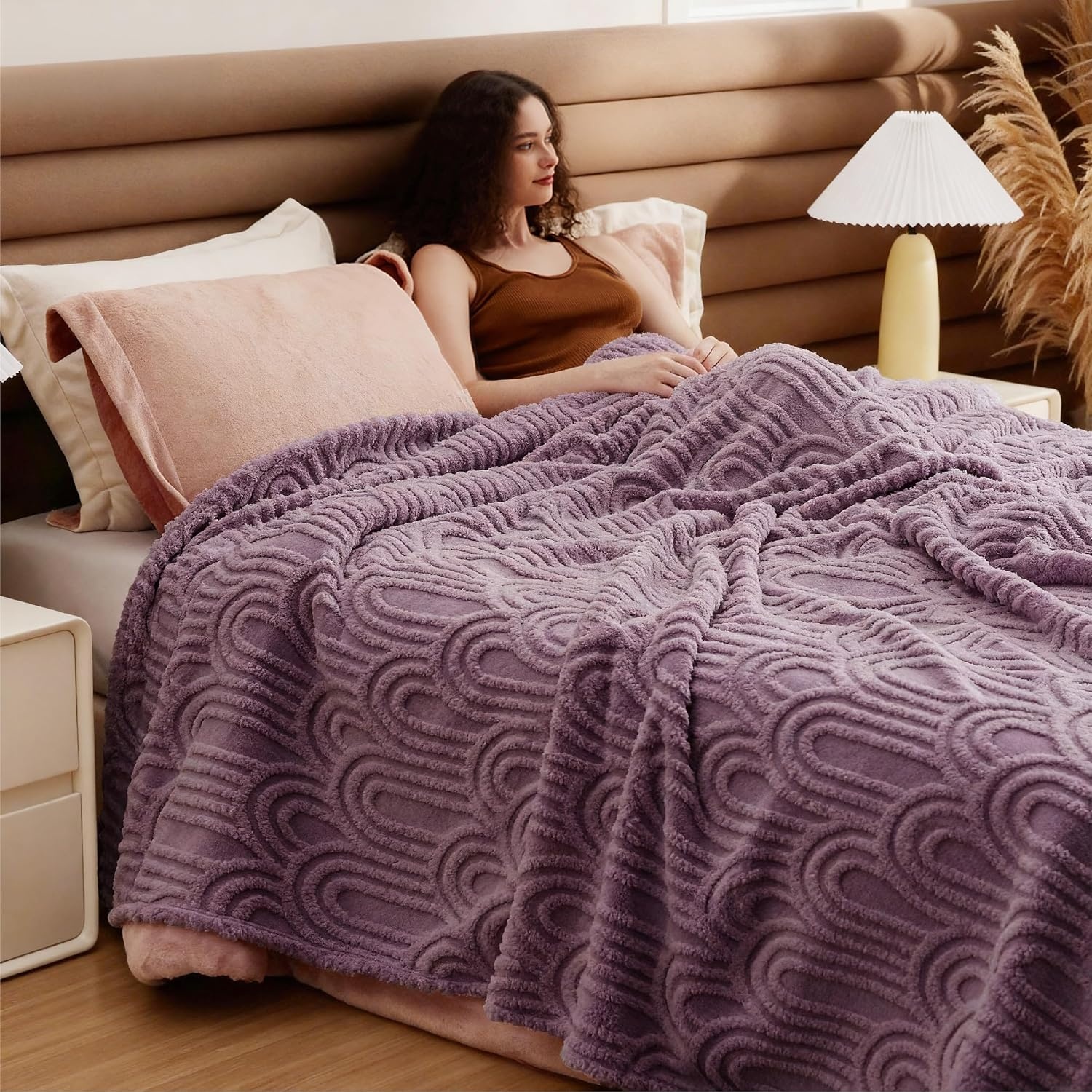 image:imageBedsure GentleSoft Boho Throw Blanket for Couch Cozy Modern Boho Decorative Blankets for Women Girls Fuzzy Fleece Throw for Beds Aesthetic Accent Gifts for Sofa Room Decor Off White 50x60 InchesPurple
