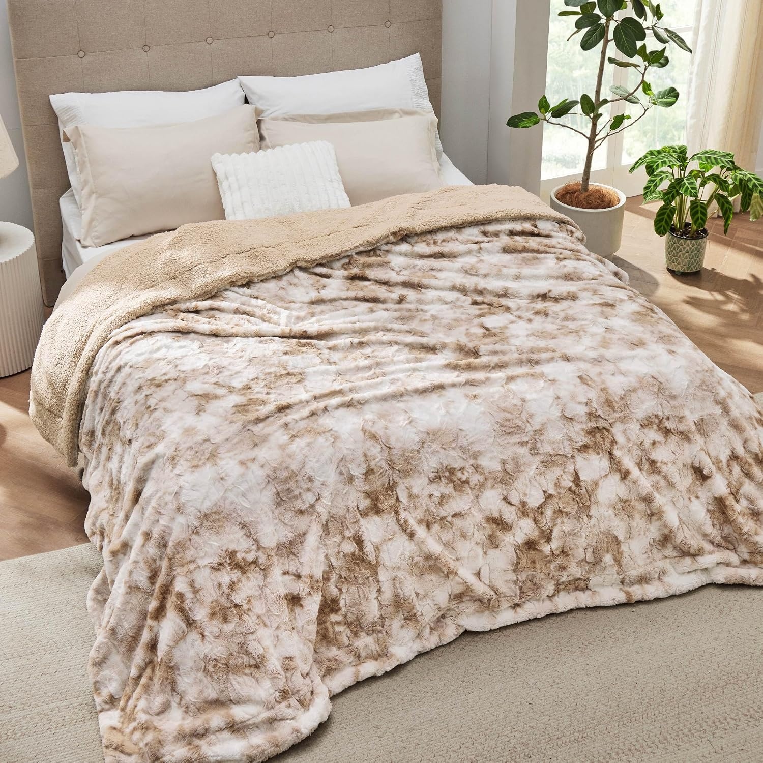 image:imageBedsure GentleSoft Sherpa Fluffy Throw Blanket Fleece Warm and Cozy Throw for Women Gift Plush amp Fuzzy Faux Fur Christmas Blanket for Couch Sofa Bed Decor Tie Dye Design Brown 50x60 Inches02 Beige