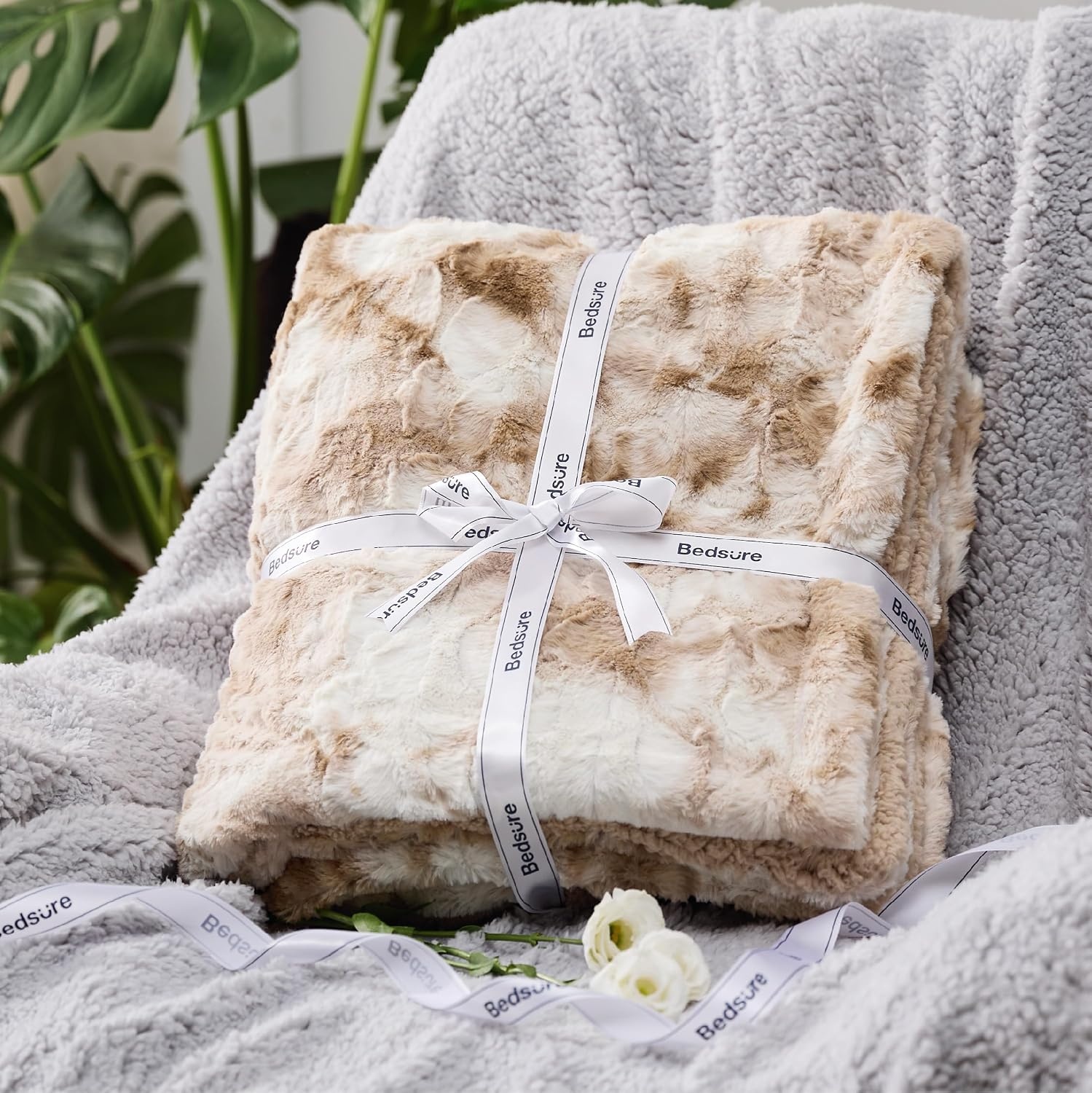image:imageBedsure GentleSoft Sherpa Fluffy Throw Blanket Fleece Warm and Cozy Throw for Women Gift Plush amp Fuzzy Faux Fur Christmas Blanket for Couch Sofa Bed Decor Tie Dye Design Brown 50x60 Inches02 Beige