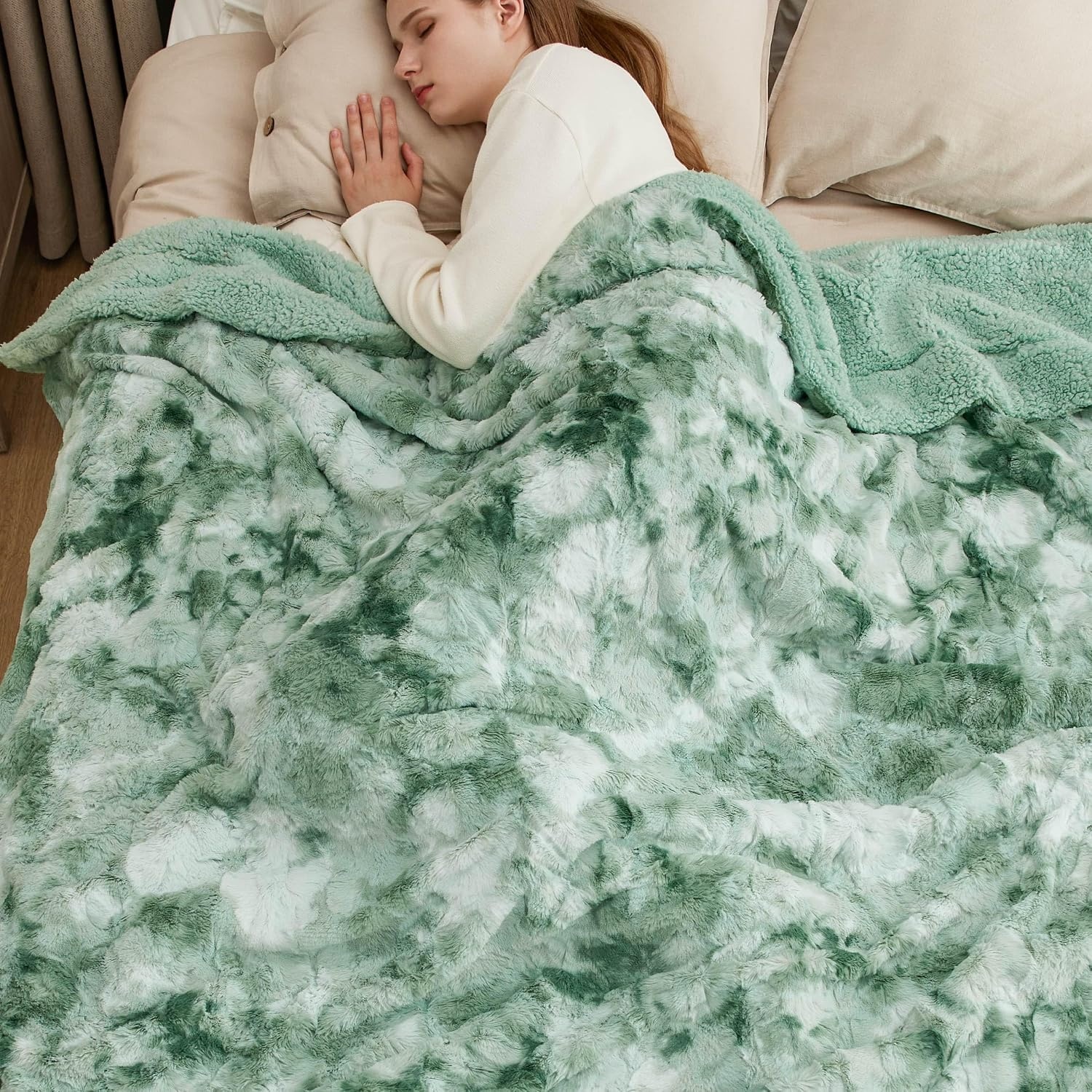 image:imageBedsure GentleSoft Sherpa Fluffy Throw Blanket Fleece Warm and Cozy Throw for Women Gift Plush amp Fuzzy Faux Fur Christmas Blanket for Couch Sofa Bed Decor Tie Dye Design Brown 50x60 Inches05 Sage Green