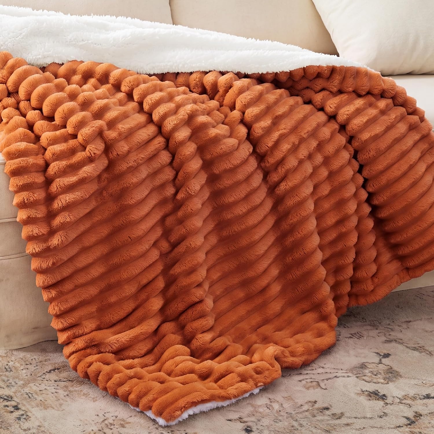 image:imageBedsure Soft Sherpa Blanket Fluffy Throw Gift Beige 50x6000 Burnt Orange