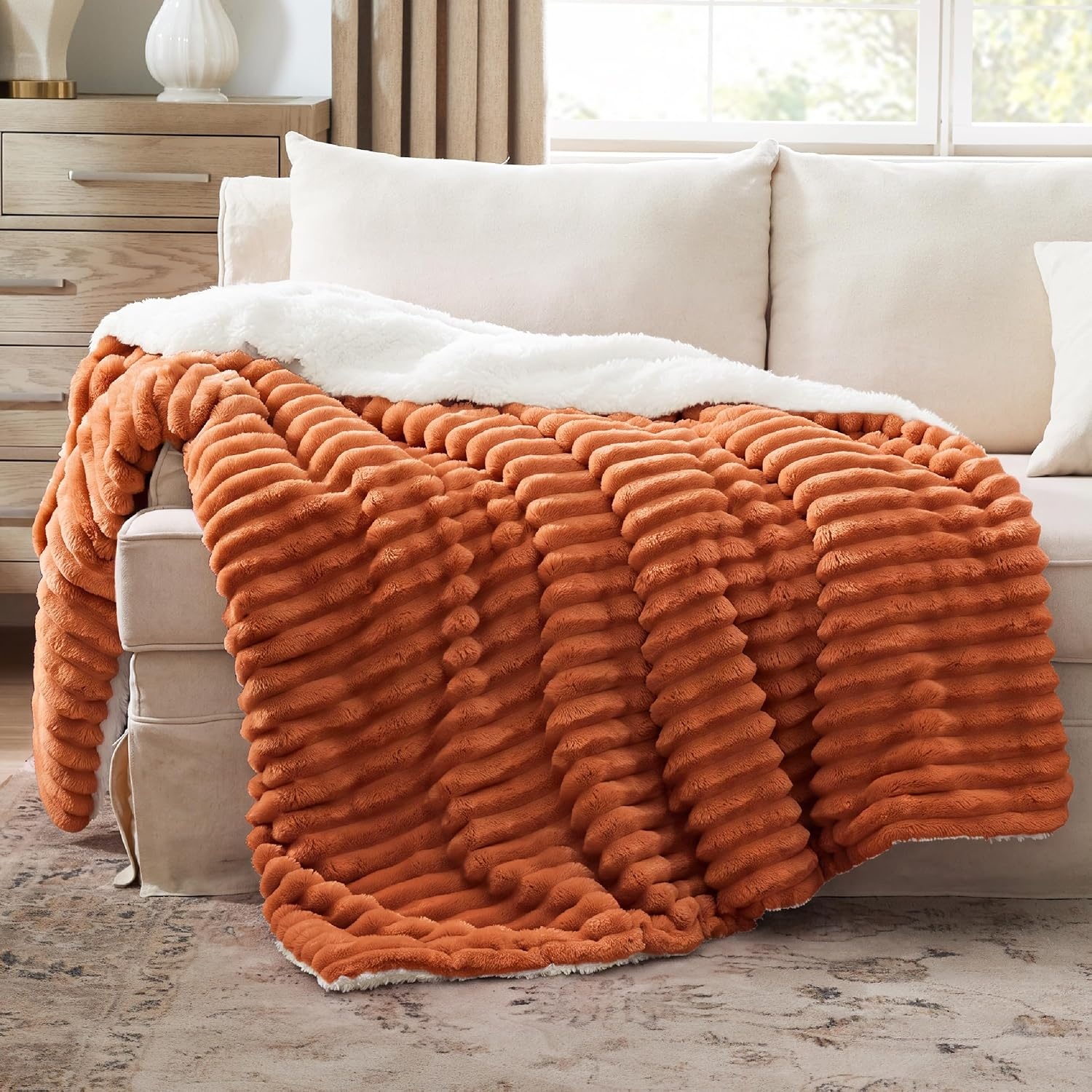 image:imageBedsure Soft Sherpa Blanket Fluffy Throw Gift Beige 50x6000 Burnt Orange