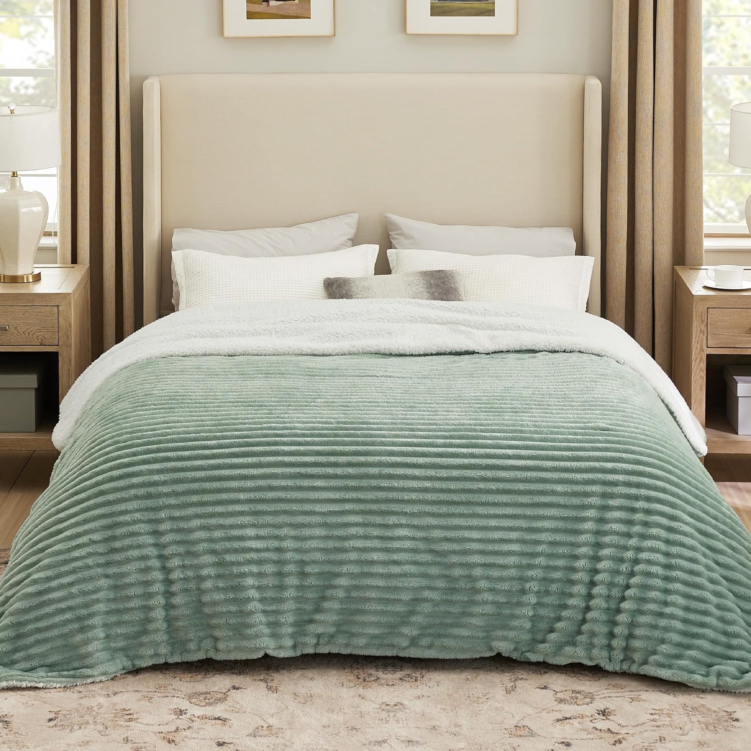image:imageBedsure Soft Sherpa Blanket Fluffy Throw Gift Beige 50x6004 Sage Green