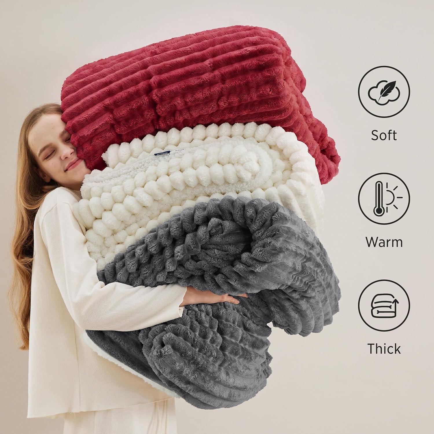 image:imageBedsure Soft Sherpa Blanket Fluffy Throw Gift Beige 50x6010 Red