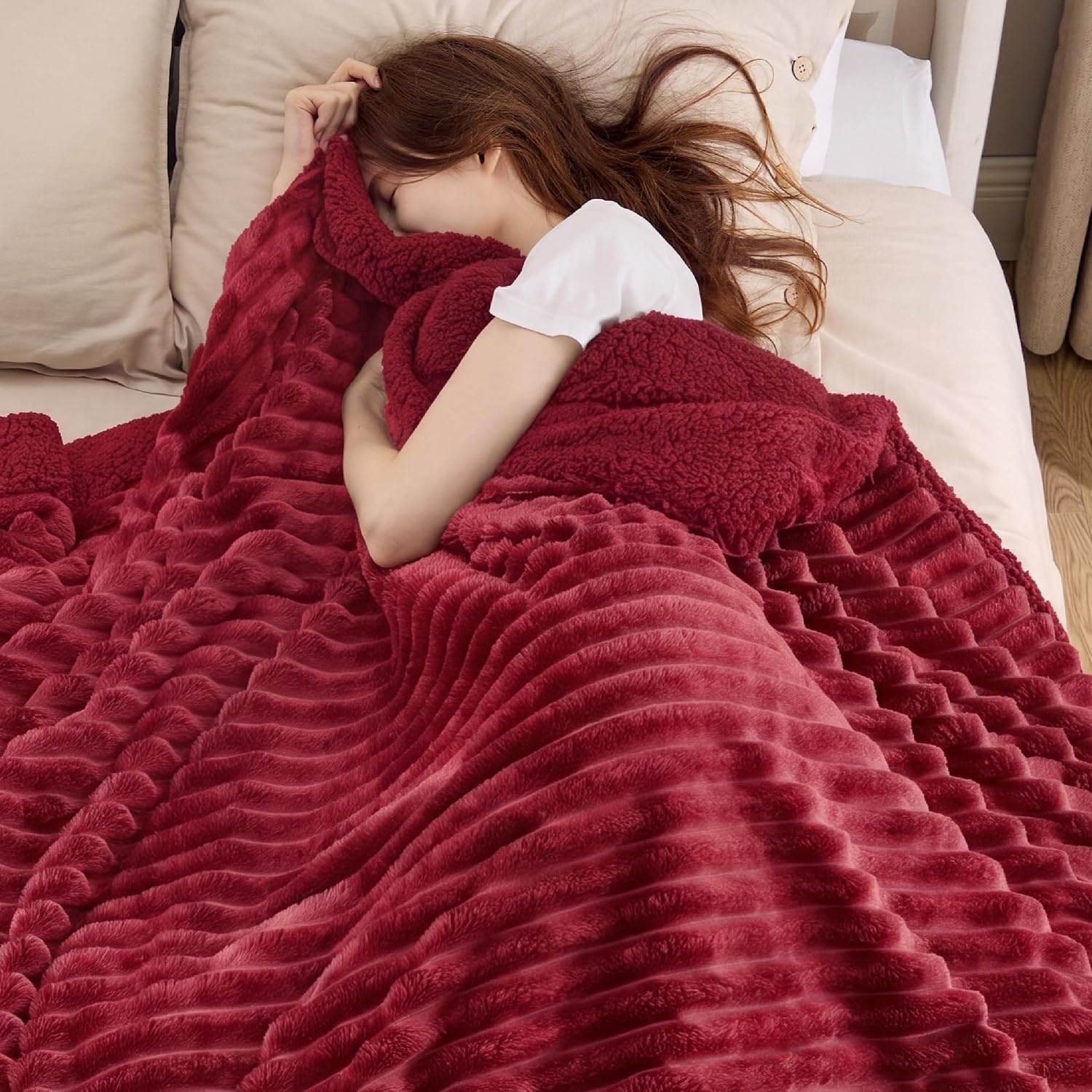 image:imageBedsure Soft Sherpa Blanket Fluffy Throw Gift Beige 50x6010 Red
