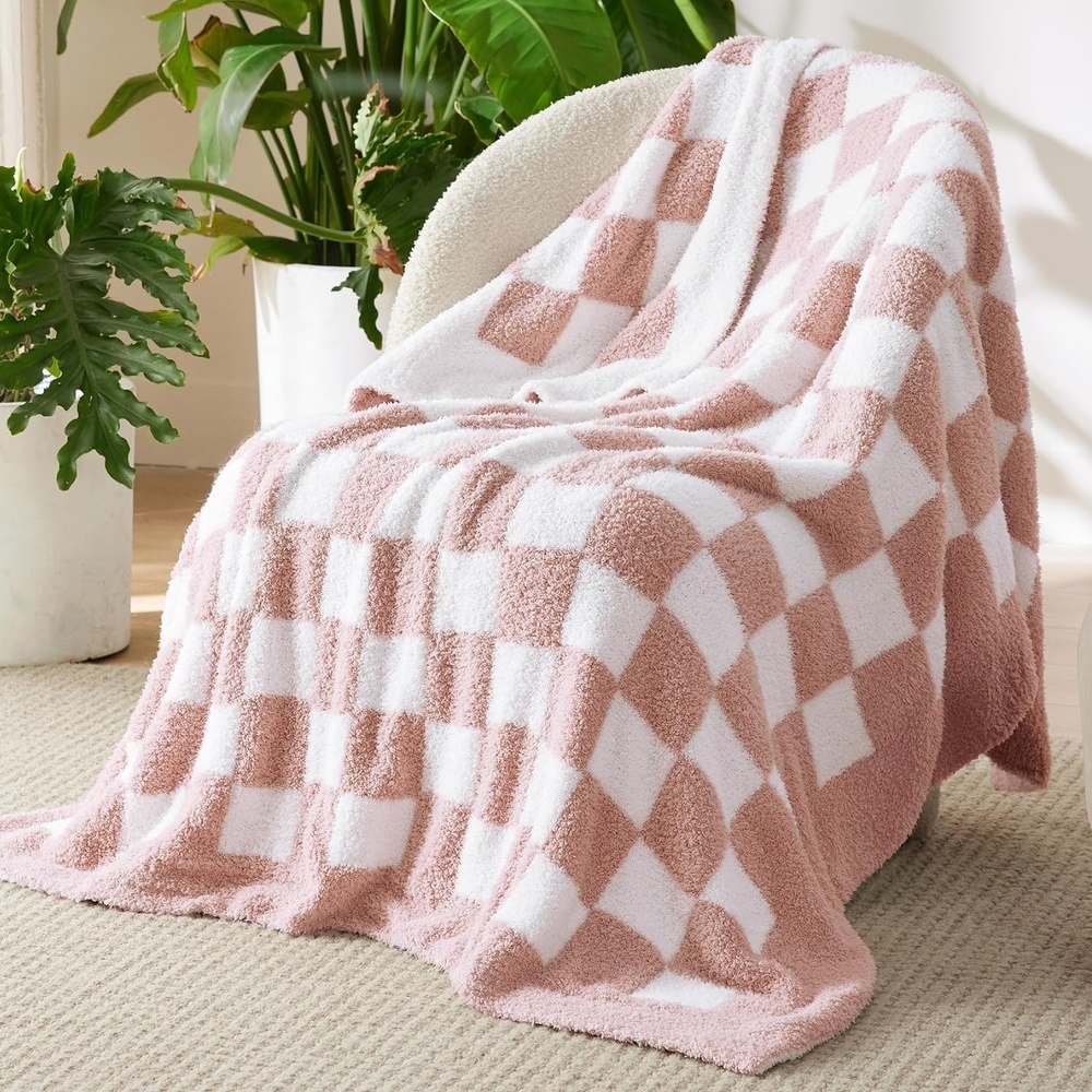 image:imageBedsure Beige Fall Throw Blanket for Couch Cozy Soft Checkered Blanket Lightweight Warm Knit Fluffy Throw Blankets for Bed Sofa Camping Picnic Travel Gifts for Women Men 50x60 Inches05  Checkered Pink