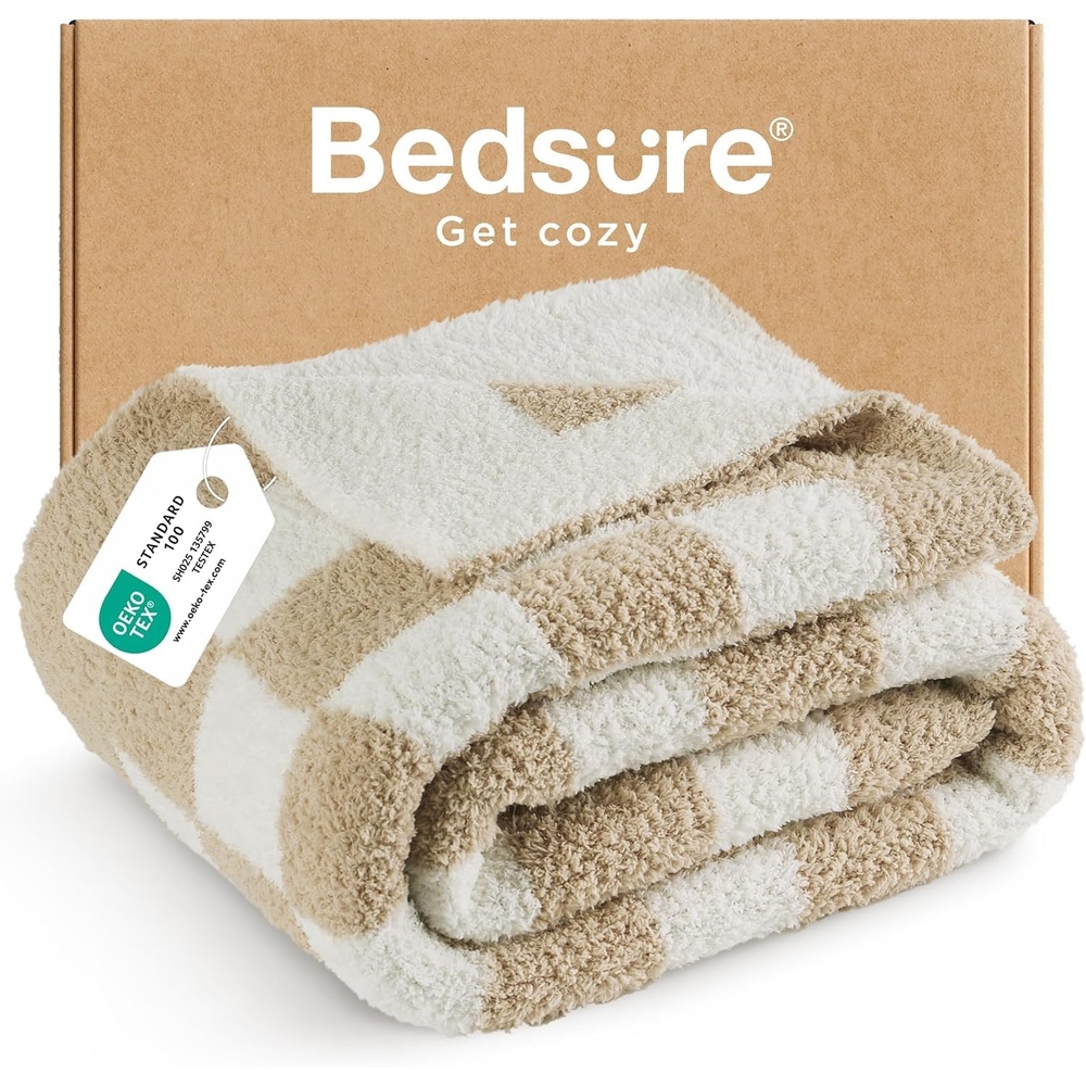 image:imageBedsure Beige Fall Throw Blanket for Couch Cozy Soft Checkered Blanket Lightweight Warm Knit Fluffy Throw Blankets for Bed Sofa Camping Picnic Travel Gifts for Women Men 50x60 Inches01 Checkered Beige
