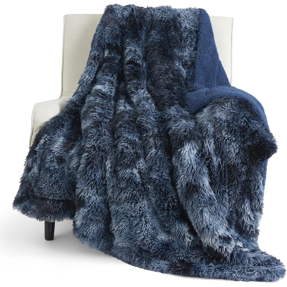 image:imageBedsure Faux Fur Fluffy Fleece Sherpa Blanket Couch Throw Grey 50x6005 Tie Dye Navy