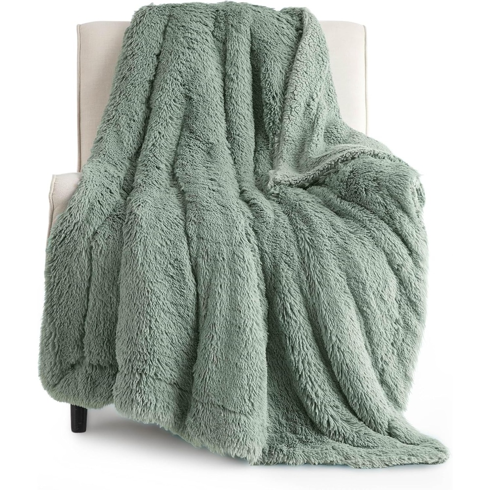 image:imageBedsure Faux Fur Fluffy Fleece Sherpa Blanket Couch Throw Grey 50x6012 Sage Green
