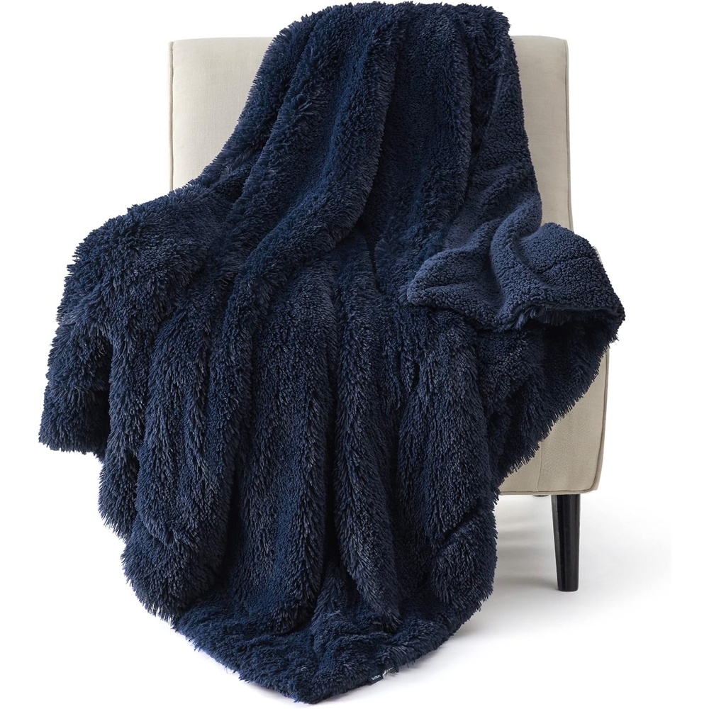 image:imageBedsure Faux Fur Fluffy Fleece Sherpa Blanket Couch Throw Grey 50x6014 Navy Blue