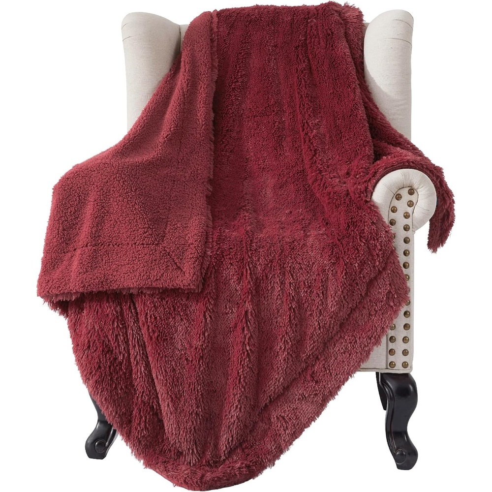 image:imageBedsure Faux Fur Fluffy Fleece Sherpa Blanket Couch Throw Grey 50x6017 Burgundy Red