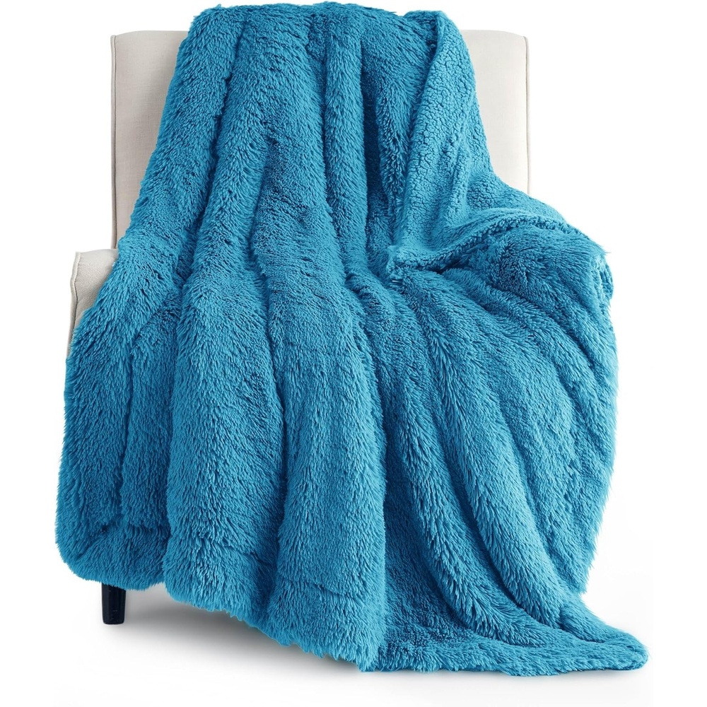 image:imageBedsure Faux Fur Fluffy Fleece Sherpa Blanket Couch Throw Grey 50x6021 Bright Blue