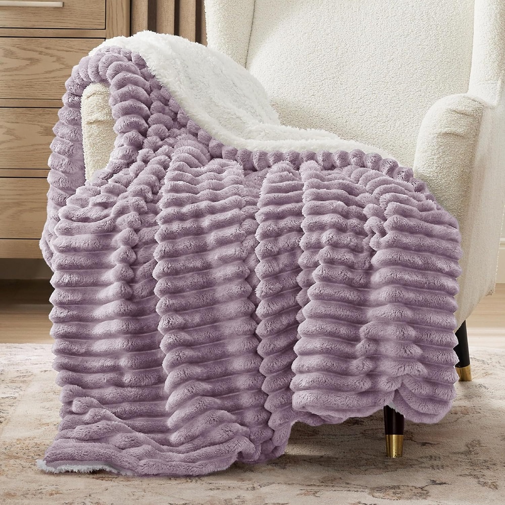 image:imageBedsure Soft Sherpa Blanket Fluffy Throw Gift Beige 50x6007 Purple
