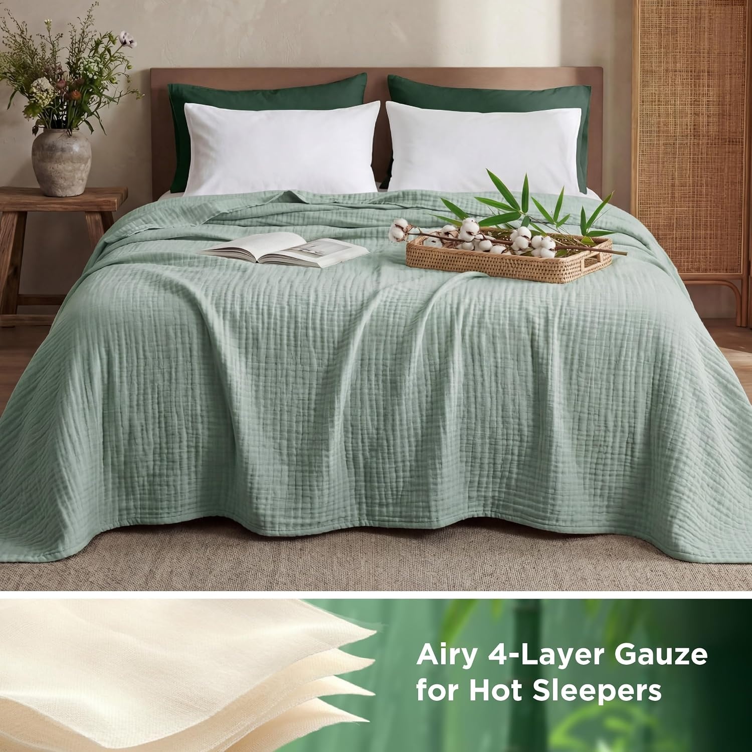 image:imageBedsure Cooling Muslin Blanket King Size for Adults Linen Beige 104x9003 Sage Green