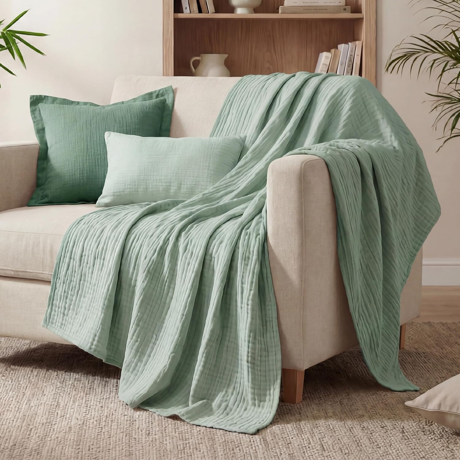 image:imageBedsure Cooling Muslin Blanket King Size for Adults Linen Beige 104x9003 Sage Green