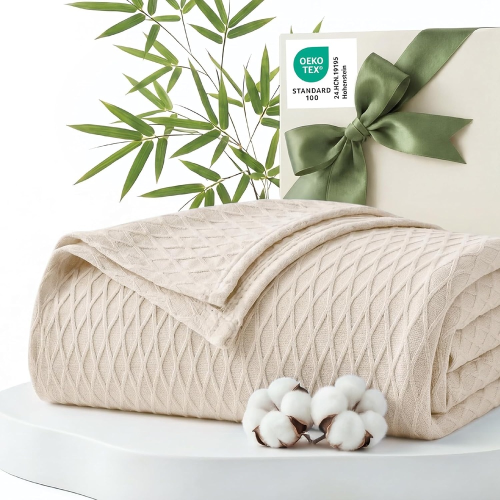 image:imageBedsure Cooling Cotton Waffle Summer Blanket Queen Size Grey 90x90Beige